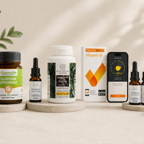 Komplettes Allergie-Set mit Smart Test Vitamin D, Vitamin-D3-Tropfen, Vitamin-K2-Tropfen, Glutathion-Kapseln und Omega-3-Kapseln